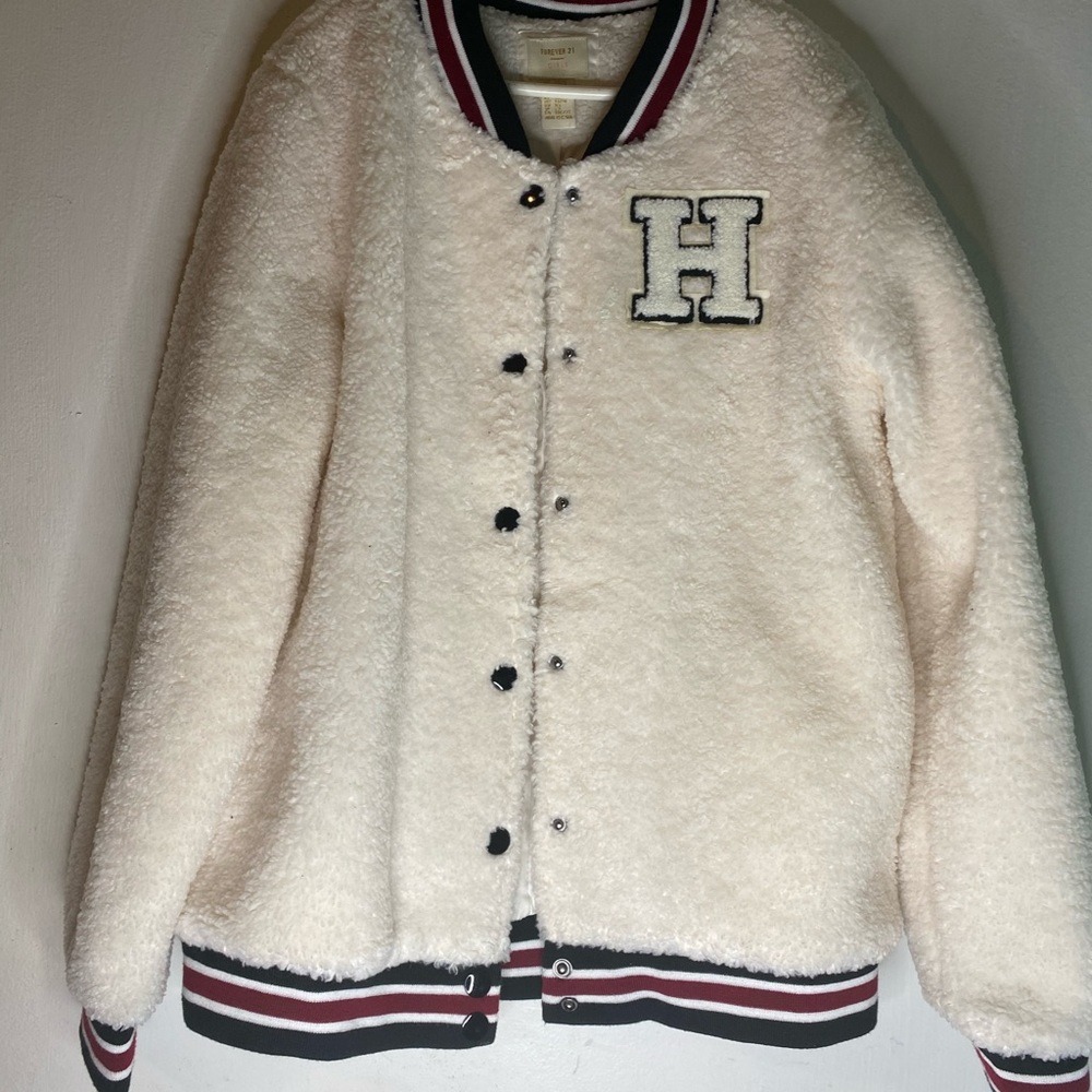 White Varsity Fuzzy Forever 21 Jacket